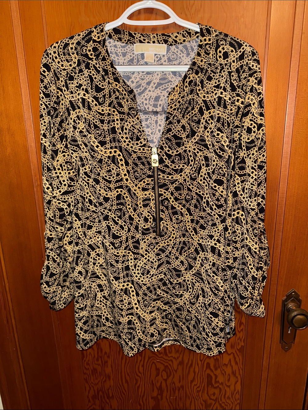 MICHAEL Michael Kors Black Top with Gold Chain Print and Zip